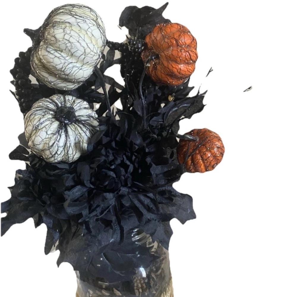 Halloween Orange Black Fall Pumpkin Flower Vase Bouquet Decor - Picture 2 of 3